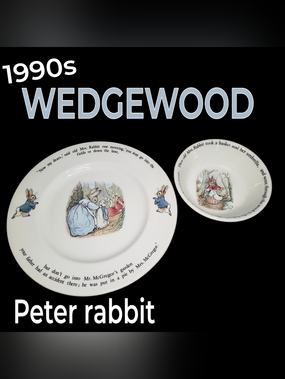 Vintage 1990' Wedgwood Beatrix Potter Peter Rabbit White Bone China Plate & Bowl